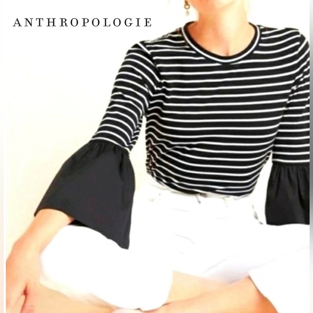 Anthropologie Adele Striped Top Boho Bell Sleeve Blouse Casual Shirt Size: S